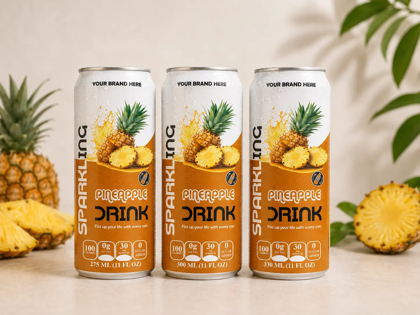 SPARKLING DRINK Pineapple Flavored Drink in 275ml, 500ml, and 330ml cans.